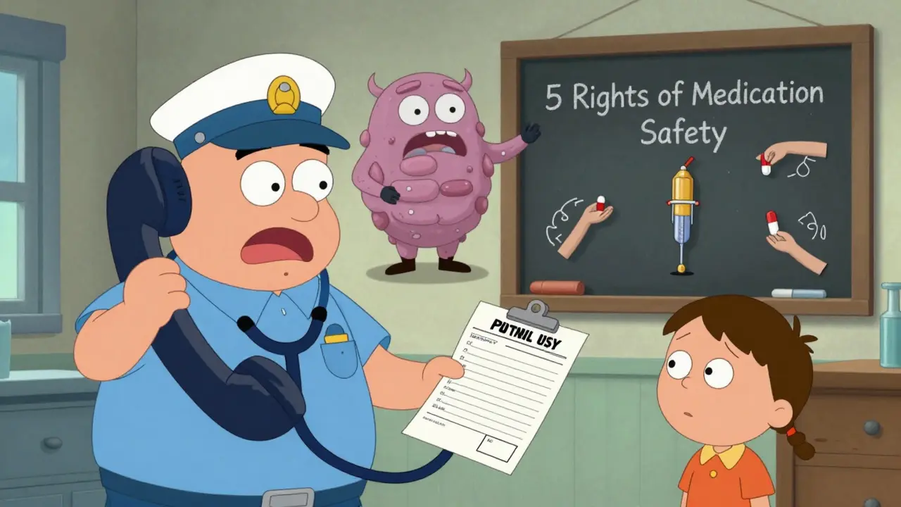 Paramedic receiving medical record while a pill monster is subdued by an EpiPen superhero.