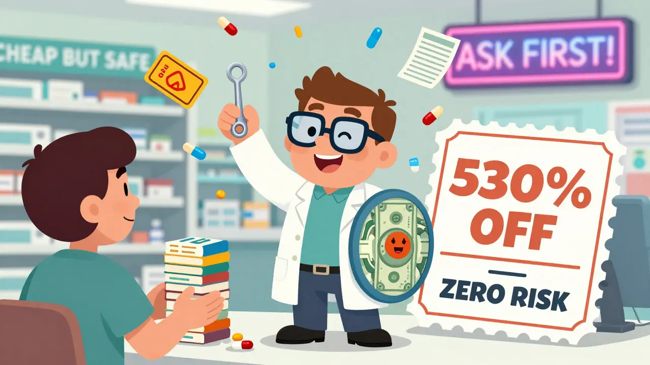 Pharmacist holding pill splitter like a shield, surrounded by discount cards and safety icons.
