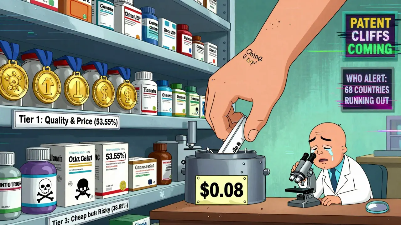 Pharmacy shelf with generics ranked like sports teams, China crushing a factory under a tiny price tag, scientist crying over a faulty pill.