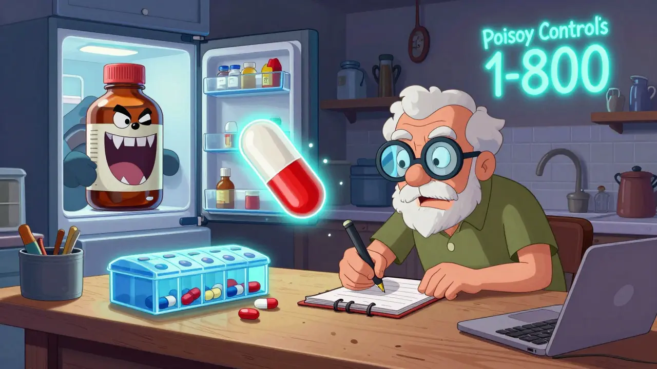 Senior writing in a notepad as a glucose tablet jumps away, chaotic kitchen background.