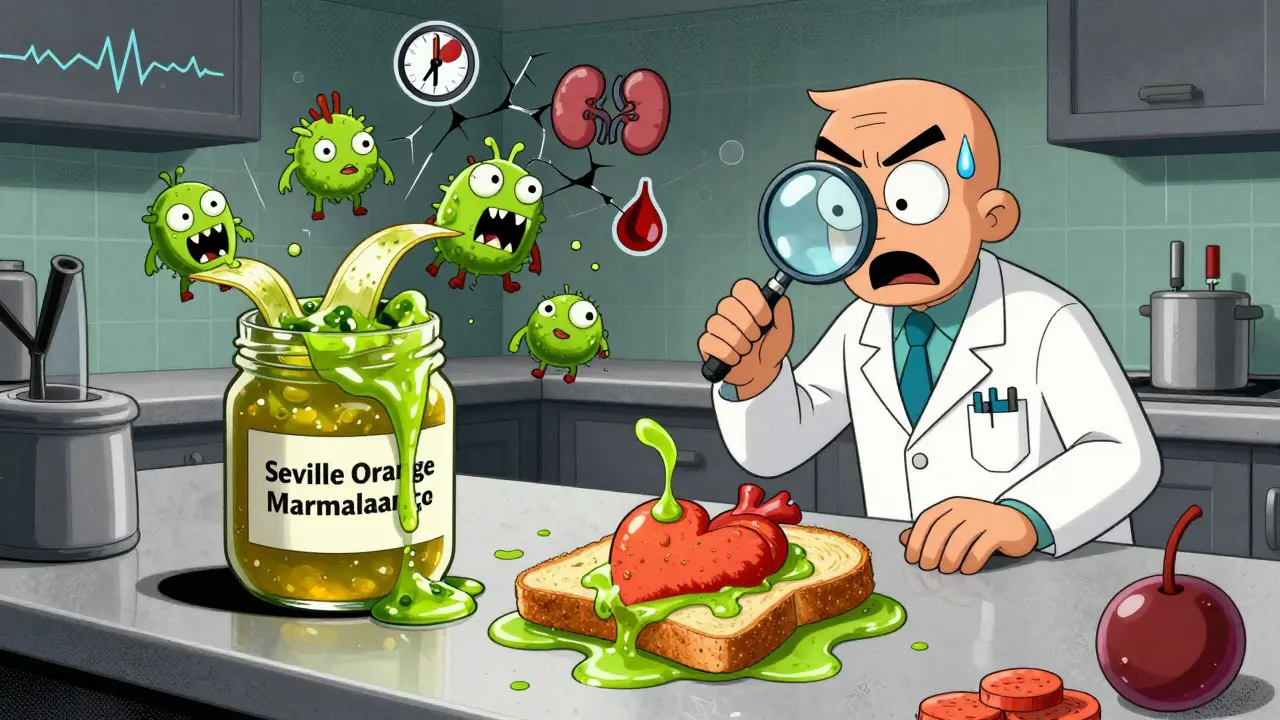 Seville orange marmalade drips toxic syrup onto toast shaped like a heart, with enzyme monsters crawling from the peel.
