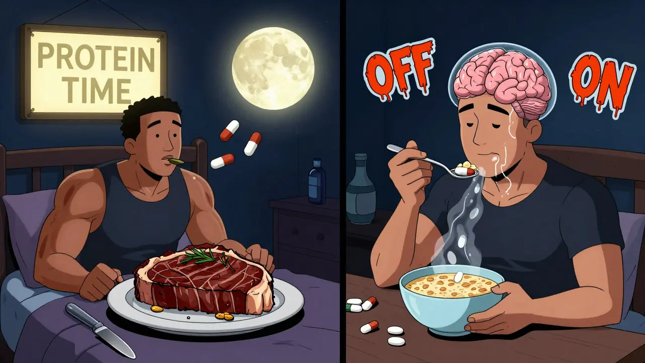 Split scene: nighttime steak dinner vs. daytime oatmeal meal, showing how protein timing affects medication flow to the brain.