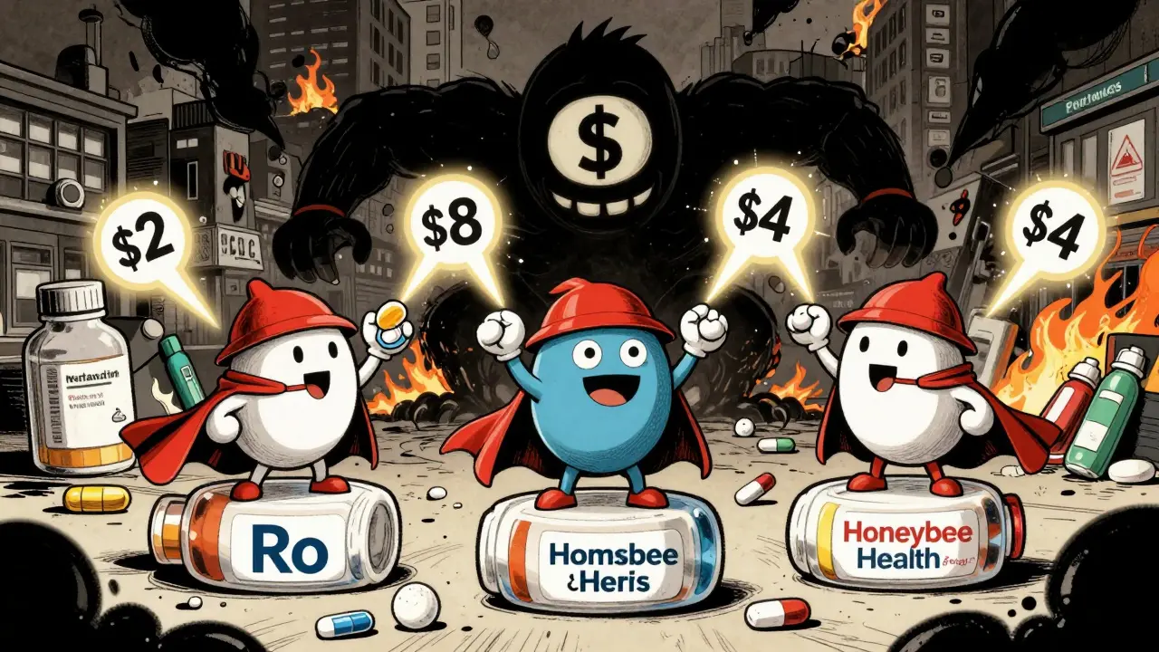 Three DTC pharmacy characters battle a giant PBM monster using price-tag lasers on a pill bottle battlefield.
