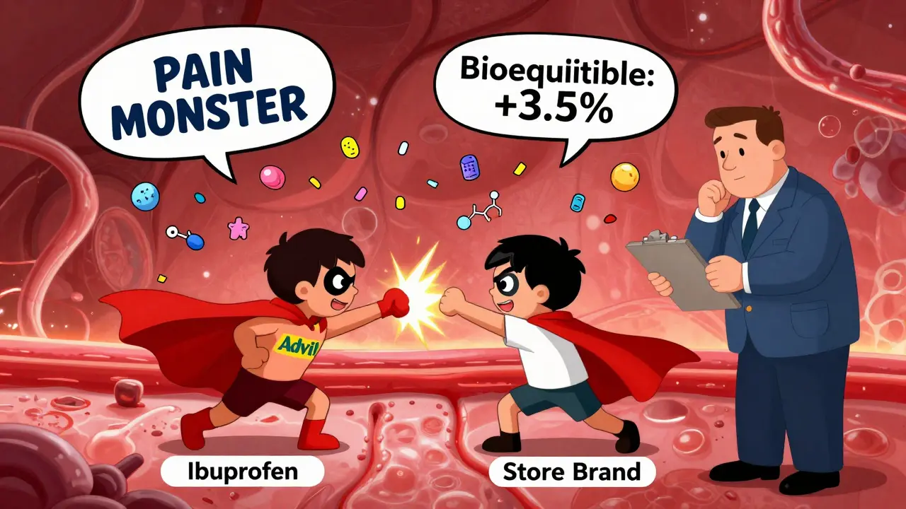 Tiny identical ibuprofen heroes fighting a pain monster inside a glowing bloodstream, FDA inspector watching.