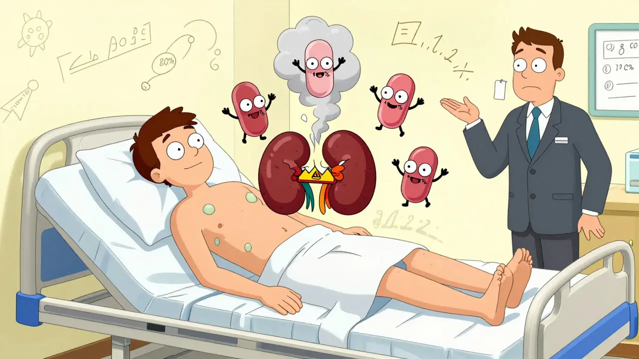 Transparent patient with kidney being damaged by varying generic tacrolimus pills