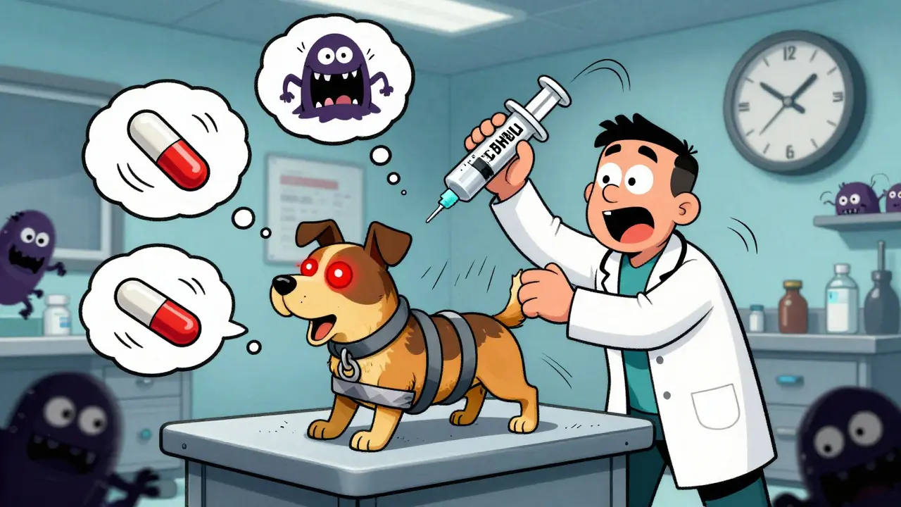 Vet treating trembling dog with giant syringe, hallucinating pill monsters in emergency clinic