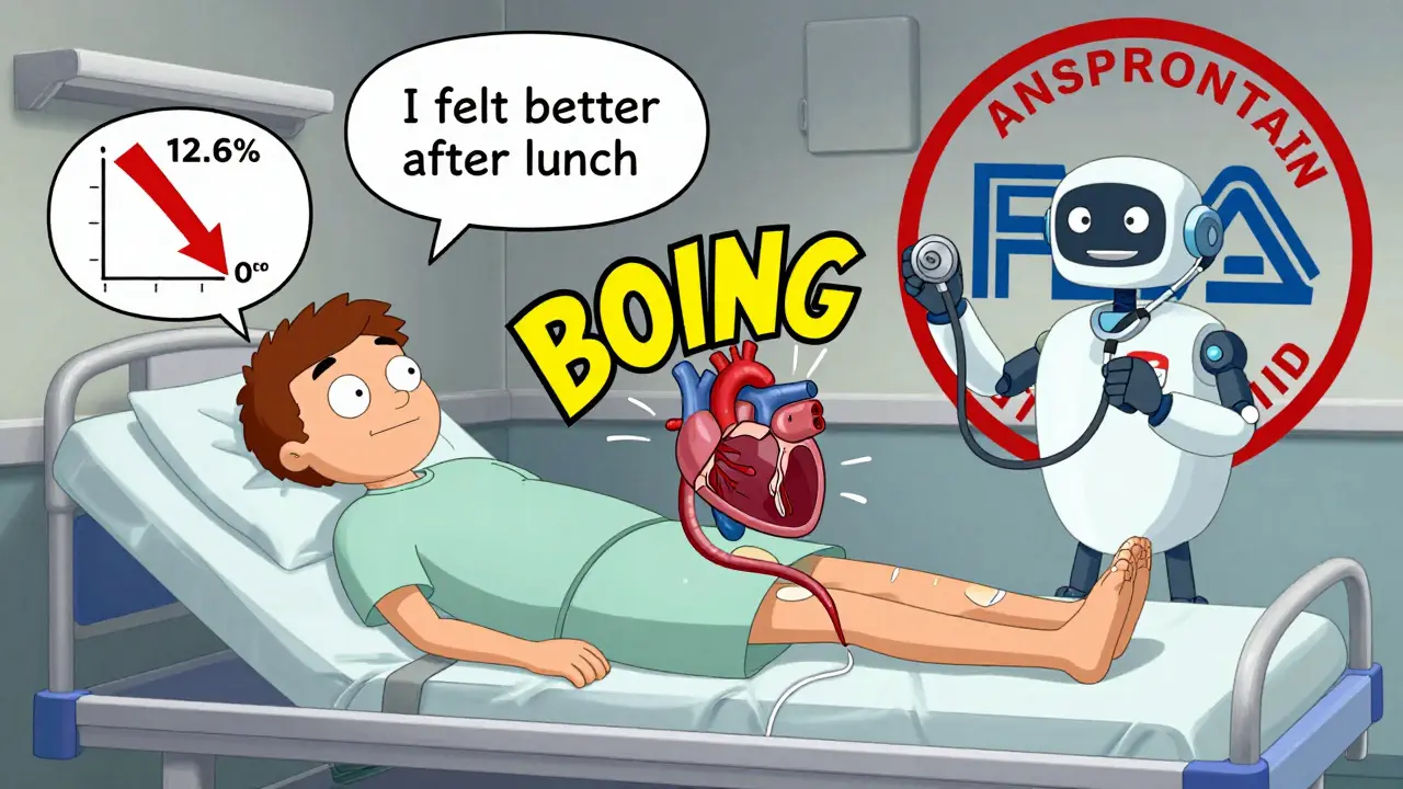 A catheter delivering a new heart valve through an artery, with cartoonish sound effects and thought bubbles showing recovery.