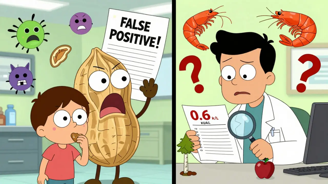 A child eating peanut butter while a giant peanut yells 'FALSE POSITIVE!' beside a confused adult staring at a lab result.