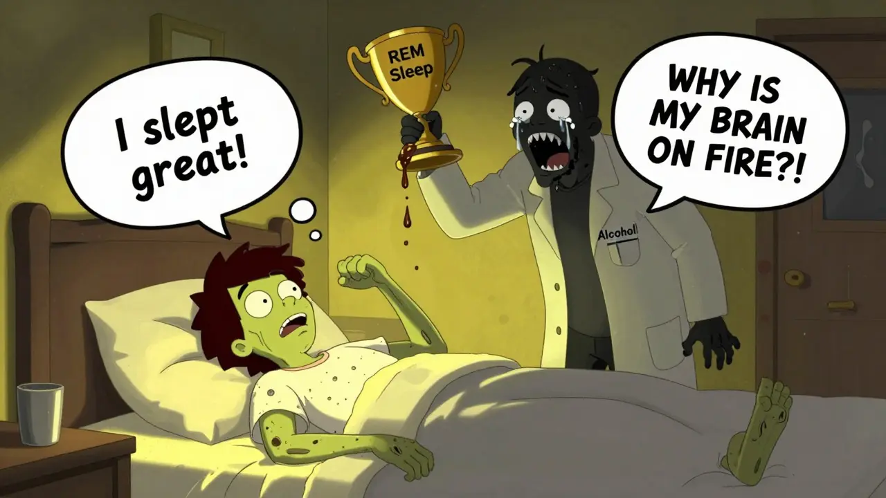 A groggy person dragging themselves up with thought bubbles showing delusion and brain fire, alcohol shadow laughing behind.