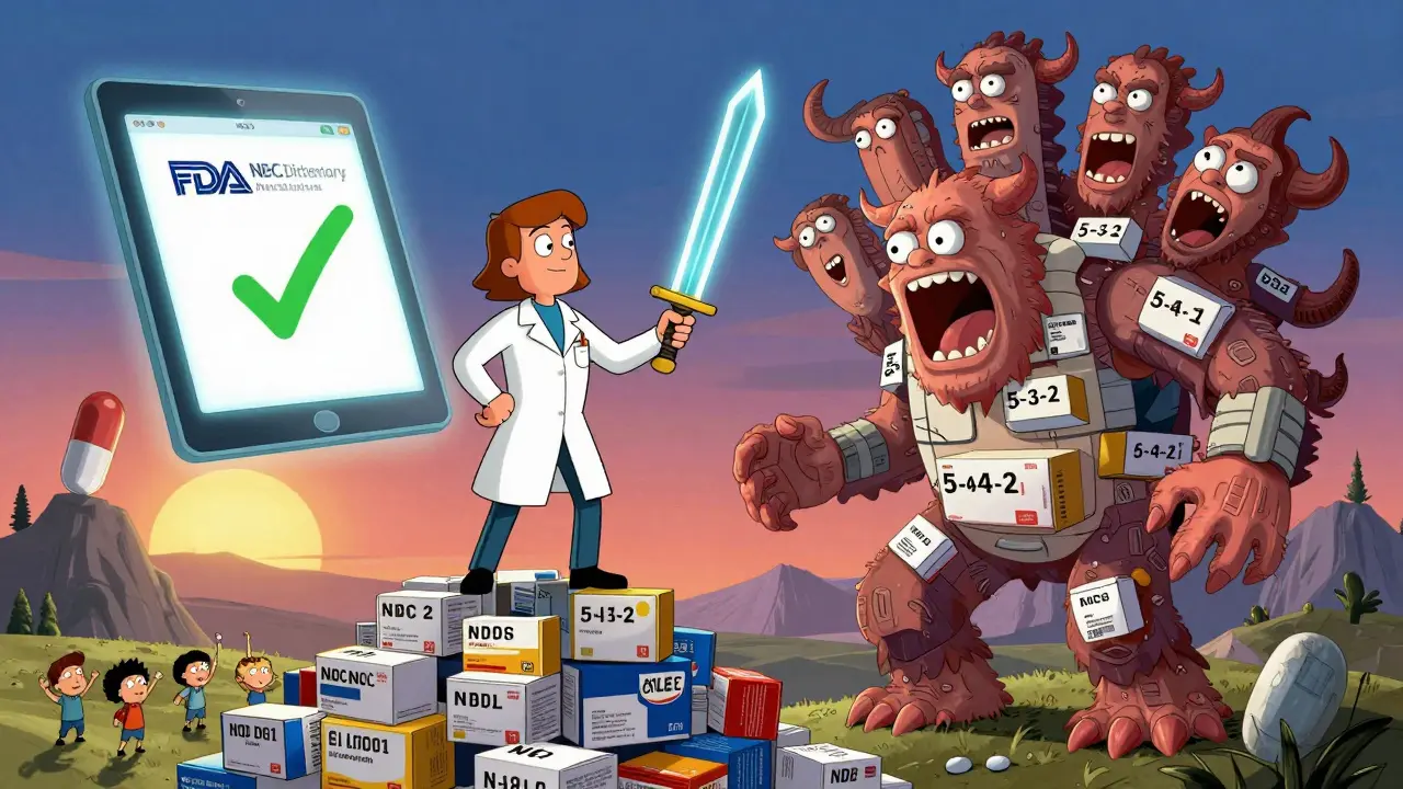 A heroic pharmacist battles a multi-headed NDC monster with a glowing 11-digit code, while a FDA app shows a green checkmark above.