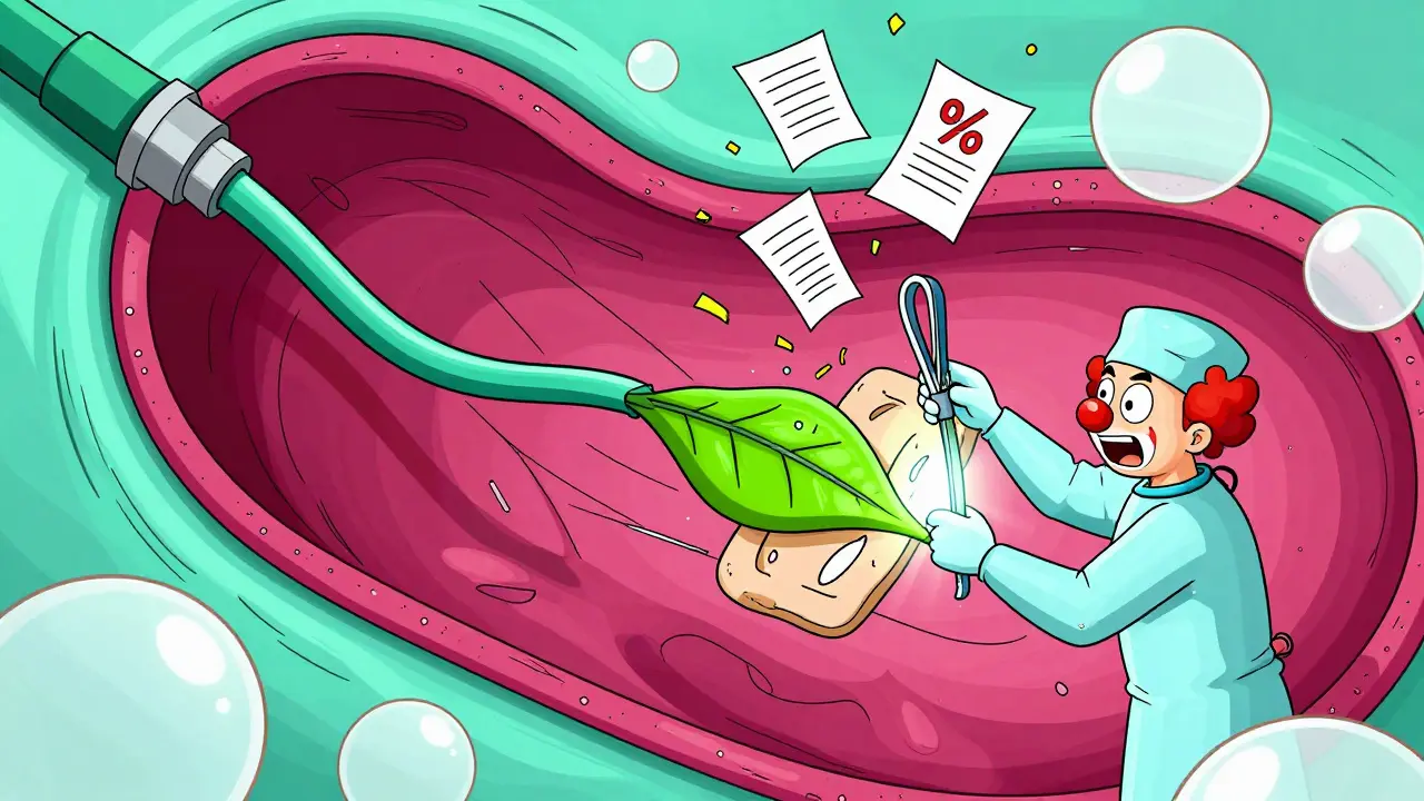 A leaking mitral valve being fixed by a glowing MitraClip device, with chaotic medical charts dissolving into confetti.