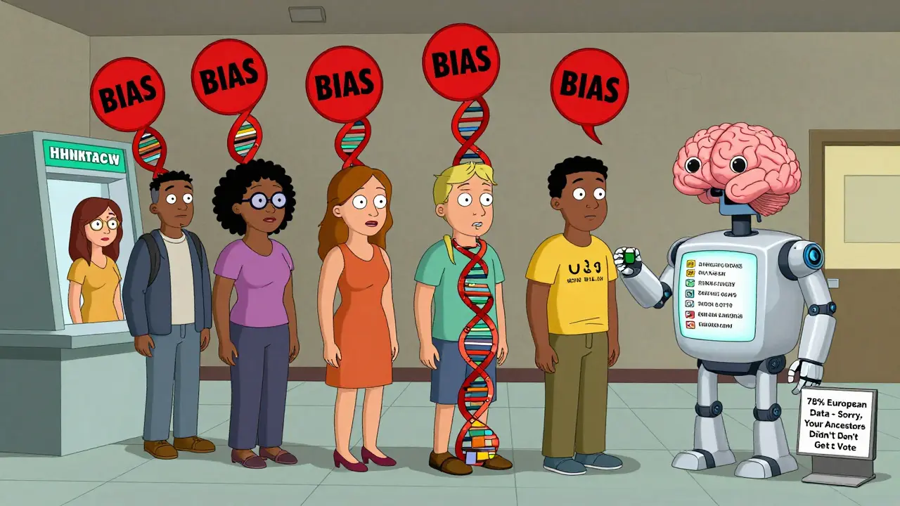 A line of diverse people at a kiosk, each receiving personalized drug recommendations projected on their chest, with a sign about biased data.