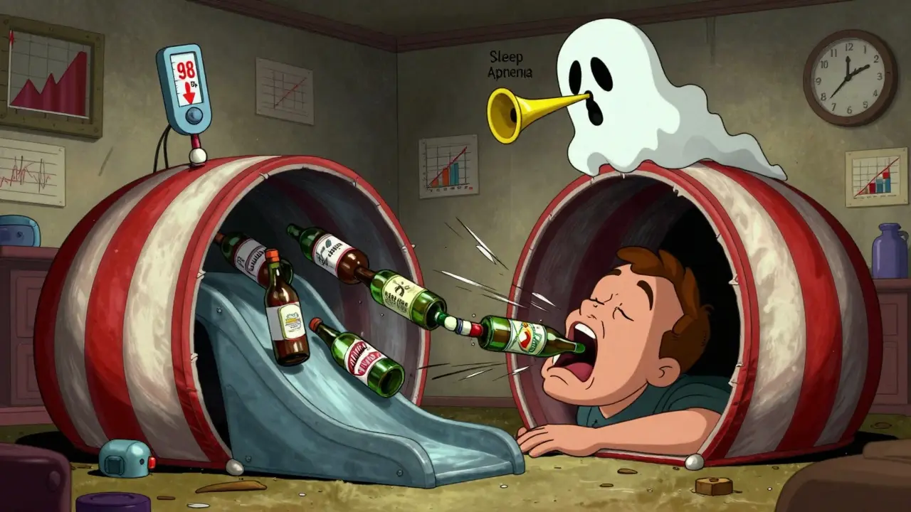 A man’s throat collapsing like a carnival tunnel as alcohol blocks his airway, with an oxygen meter dropping.