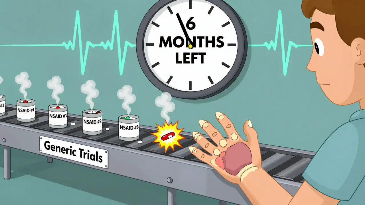 A patient's hand deforming into a claw while endless generic pills are forced upon them in a surreal waiting scenario.