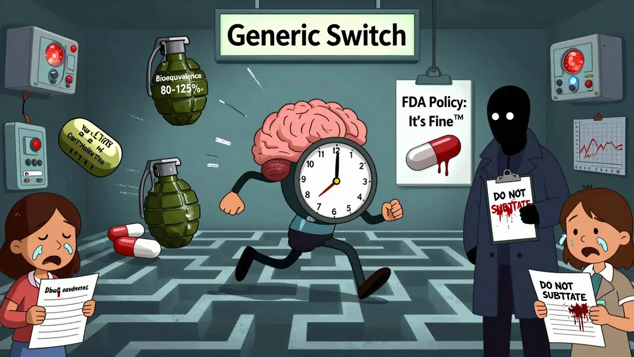 A patient running from exploding pill grenades through a maze labeled 'Generic Switch' with a blocked exit marked 'FDA Policy'.