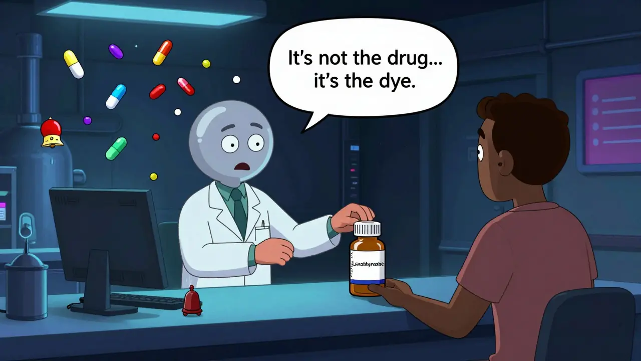 A pharmacist swapping a pill bottle as the patient's body glitches, with a factory in the background producing mismatched pills.