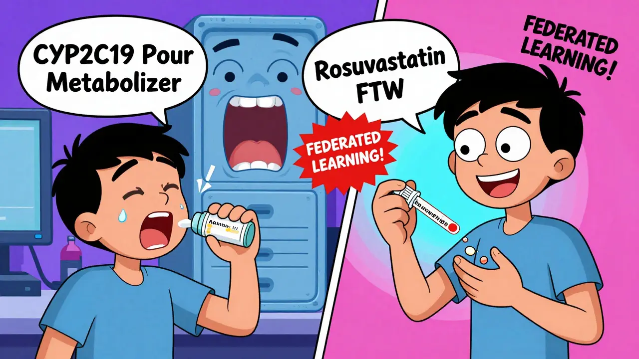 A split-screen cartoon showing a patient reacting badly to a pill on one side, and an AI avatar swapping it for a safer drug on the other.