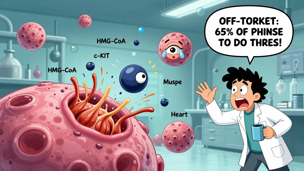 A wild drug molecule sticking to many proteins in a cell, causing muscle damage and swelling.
