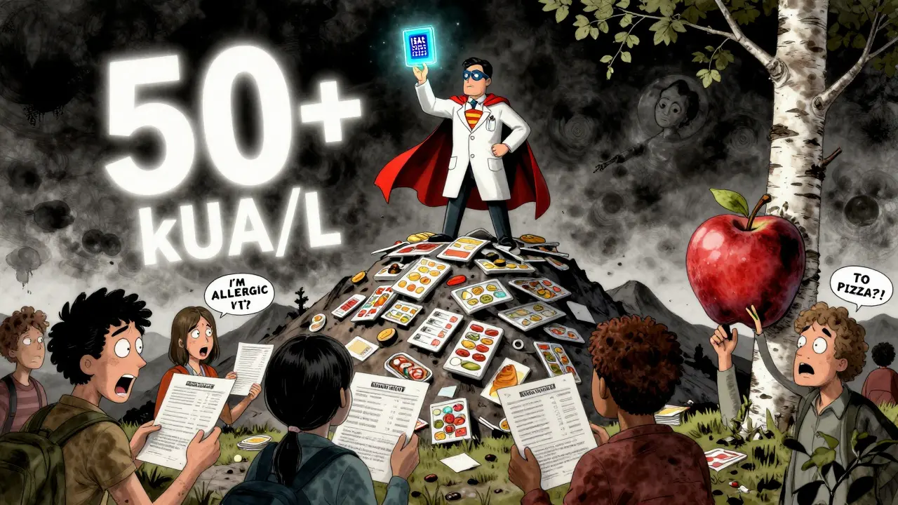 An allergist superhero stands atop discarded food panels, holding a glowing diagnostic chip as confused patients react to absurd allergy results.