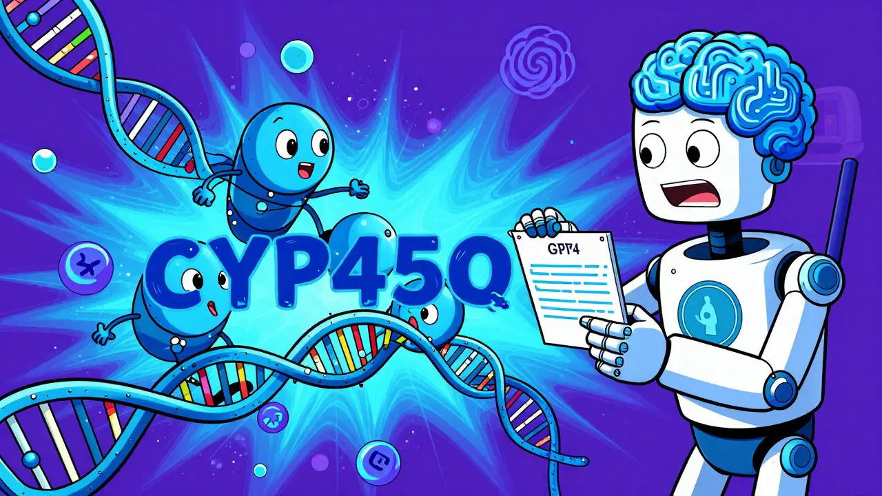 CYP450 enzymes and AI robot analyzing genetic data.