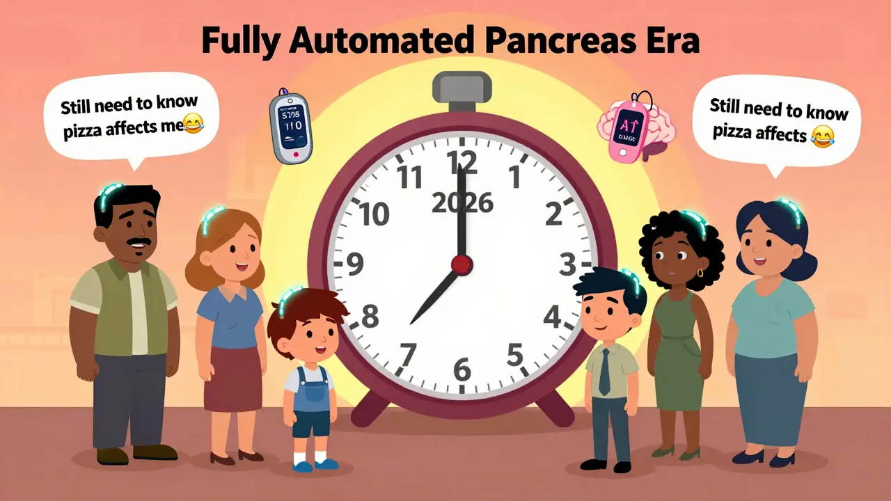 Diverse users with glowing insulin systems above them, surrounded by futuristic tech icons as a clock ticks toward 2026 under a rising sun labeled 'Fully Automated Pancreas'.