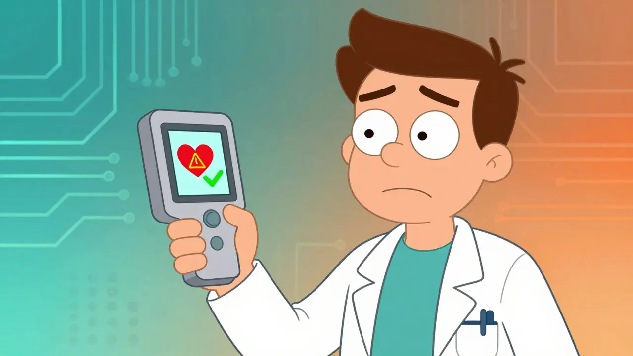 Doctor using handheld device showing heart risk alert