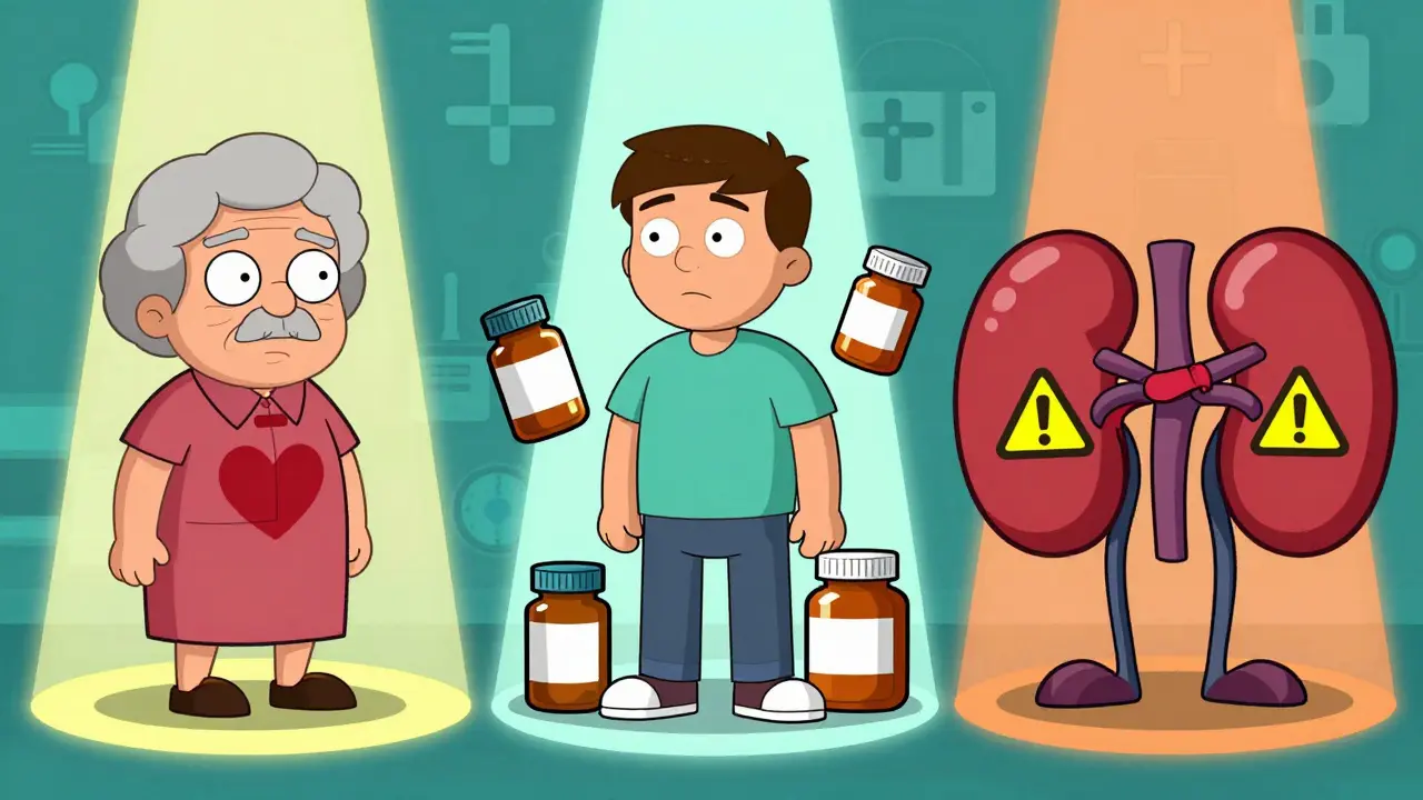 Elderly woman, medication bottles, and kidney icon for QT risk factors