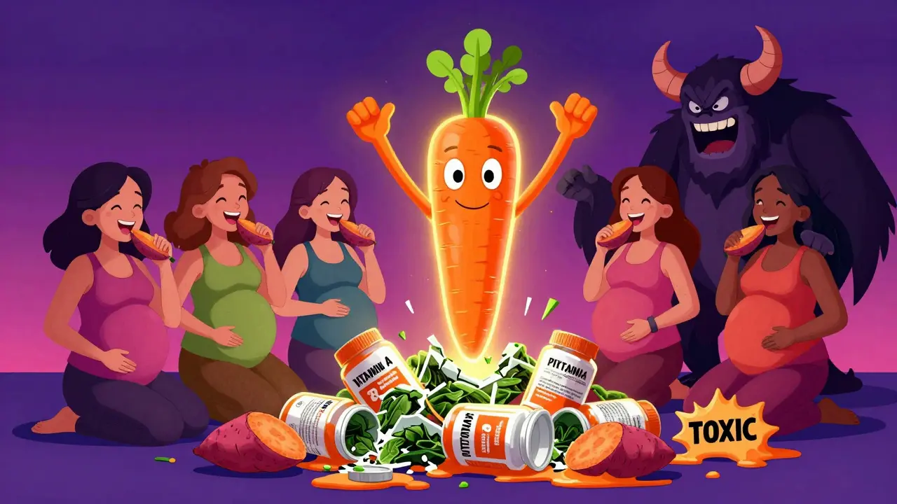 Heroic carrot defeating toxic vitamin A bottles while pregnant women eat safe vegetables.