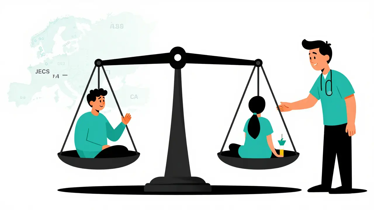 Scale showing genetic data bias with AI helper assisting patient.
