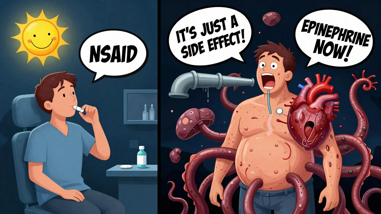 Split scene showing a peaceful pill intake transforming into a body exploding with allergic symptoms, floating warning messages in surreal cartoon style.