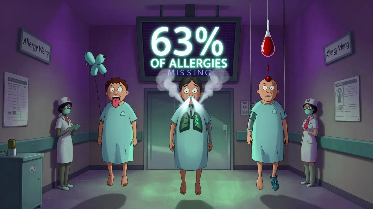 Three patients floating down a hospital hallway with exaggerated allergic symptoms, a digital screen displaying missing allergy data in bold neon text.