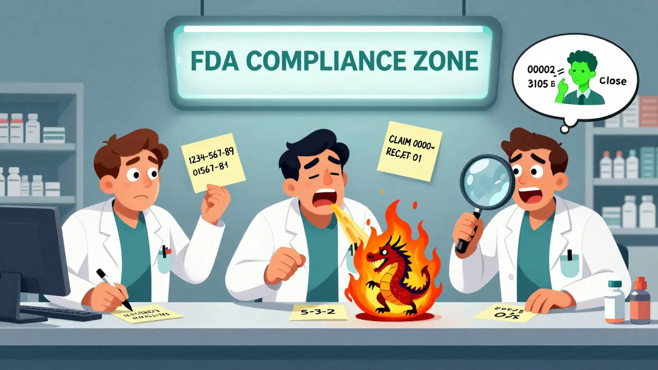 Three pharmacists scramble to convert NDC formats on sticky notes, one creates a fire-breathing dragon labeled 'CLAIM REJECTED'.