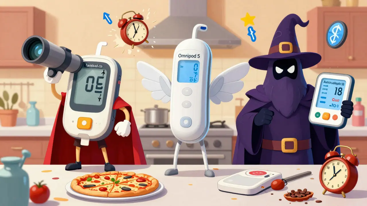 Three whimsical insulin system characters—Control-IQ, Omnipod 5, and iLet—compete as superheroes in a chaotic kitchen filled with food and tech symbols.