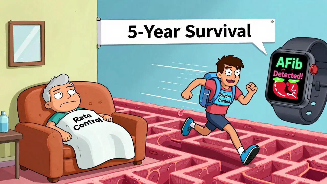 Two versions of a patient racing toward survival — one relaxed with rate control, the other zipping with rhythm control, watched by a glowing smartwatch.