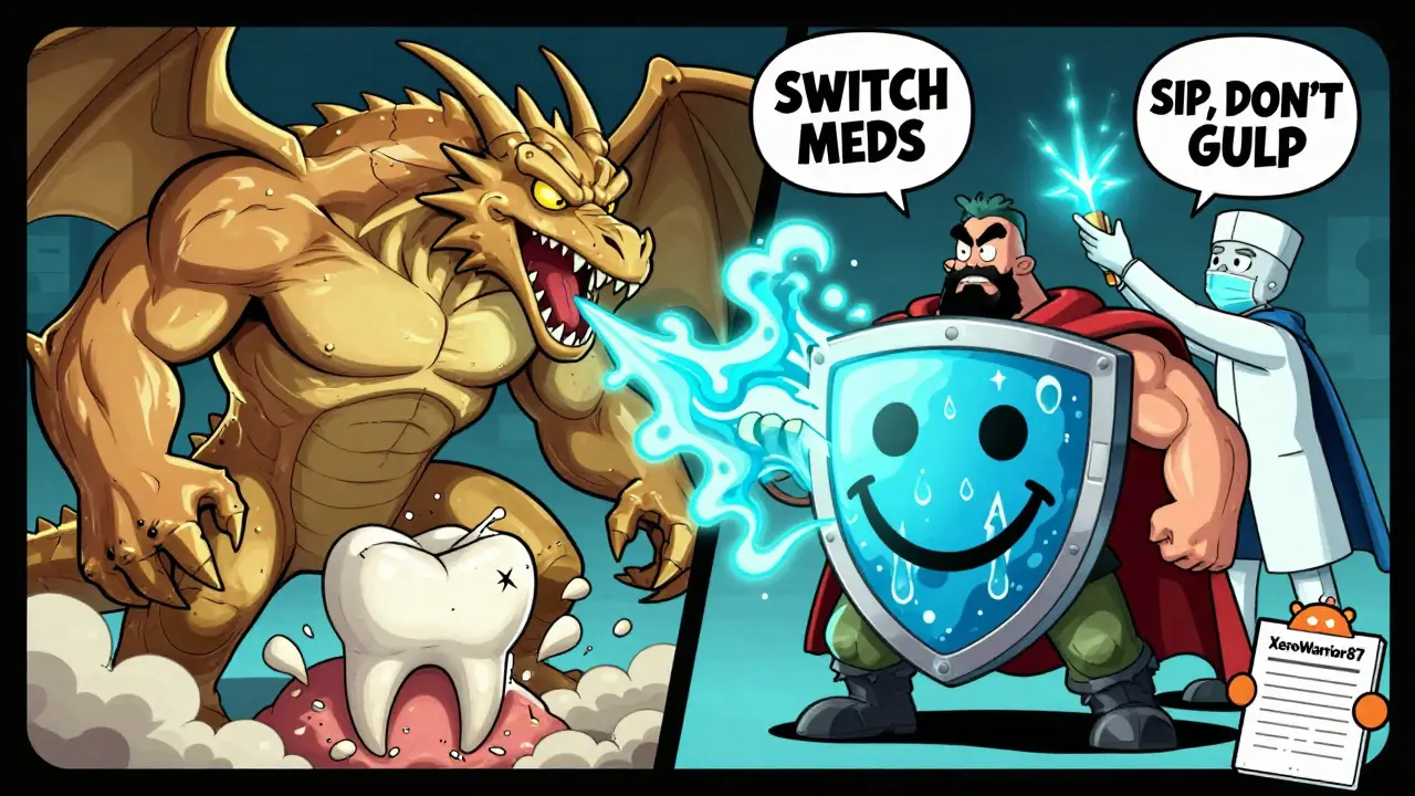A battle between a dry-mouth dragon and a saliva shield warrior, with dentist saving teeth.