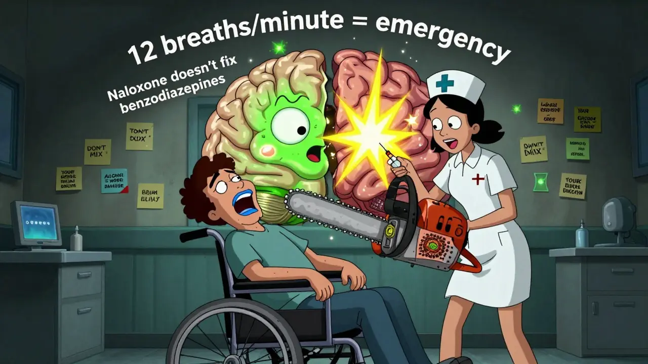 A blue-lipped patient in an ER with a splitting brain, one side glowing GABA, the other serotonin explosion, surrounded by warning notes.