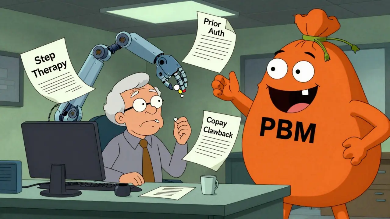 A confused senior faces bureaucratic obstacles as robotic arms force generic drugs, with paperwork floating in a chaotic Medicare office.