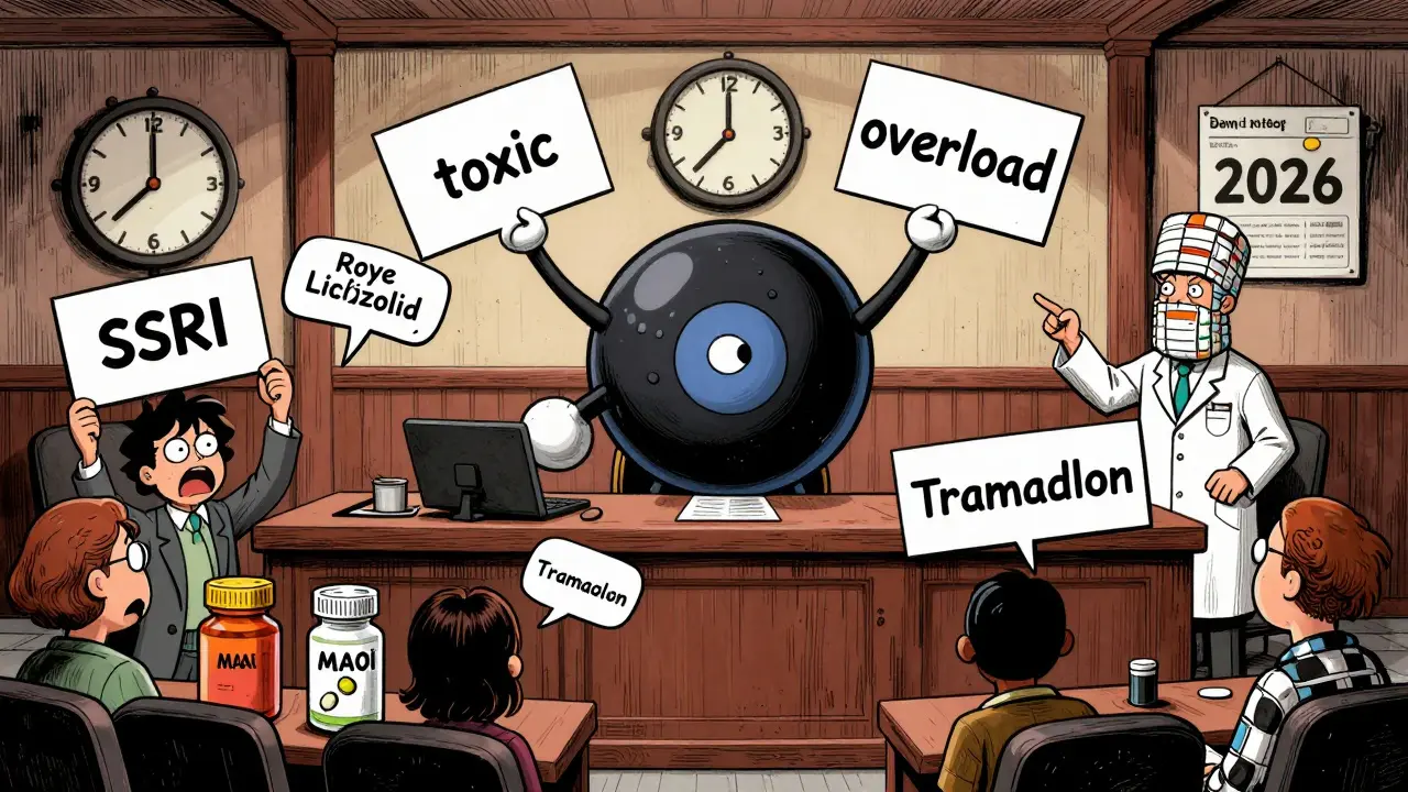 A courtroom where a giant serotonin molecule is on trial, surrounded by accusing pill bottles and a ticking 2026 clock.