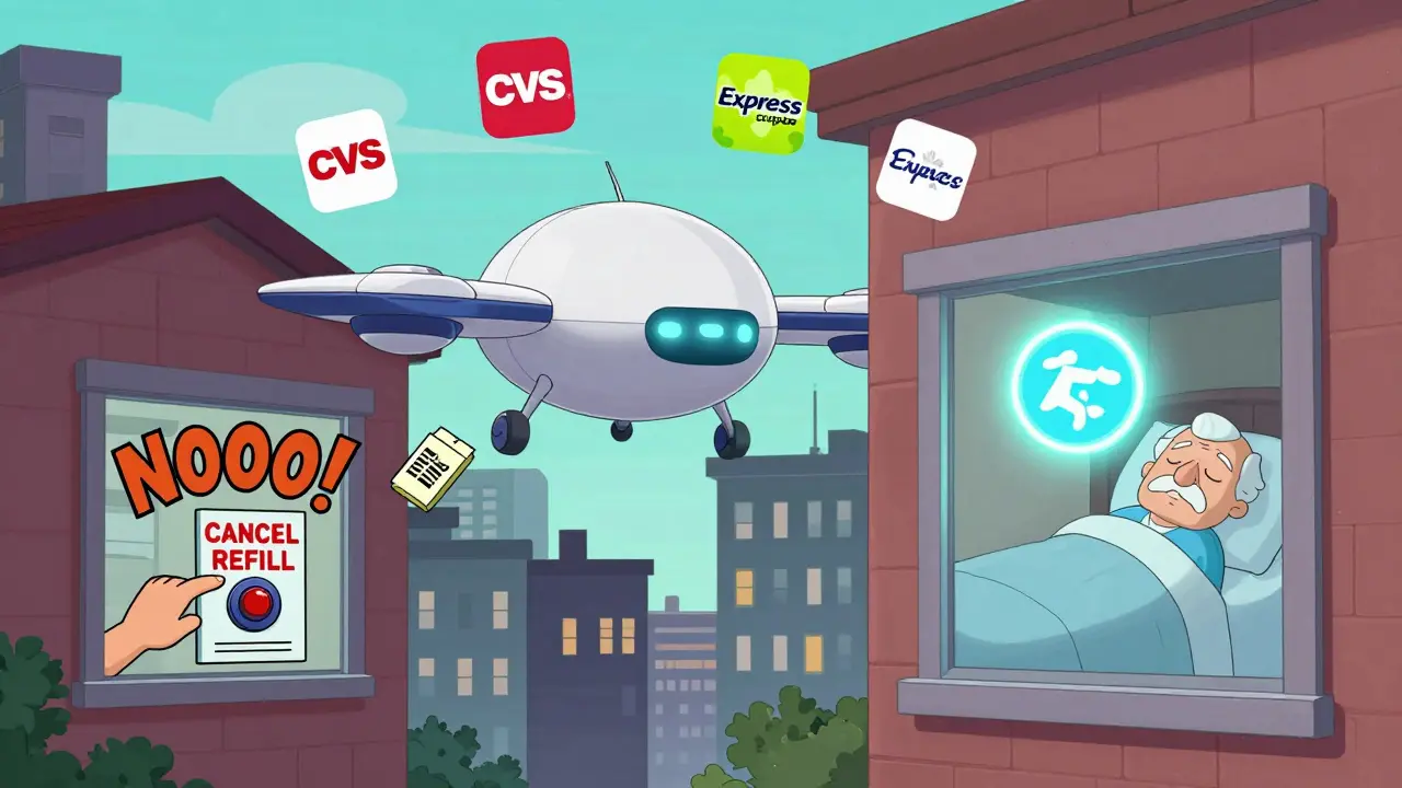 A drone delivers refill packages to homes while one resident slaps 'CANCEL REFILL' with a dramatic scream.