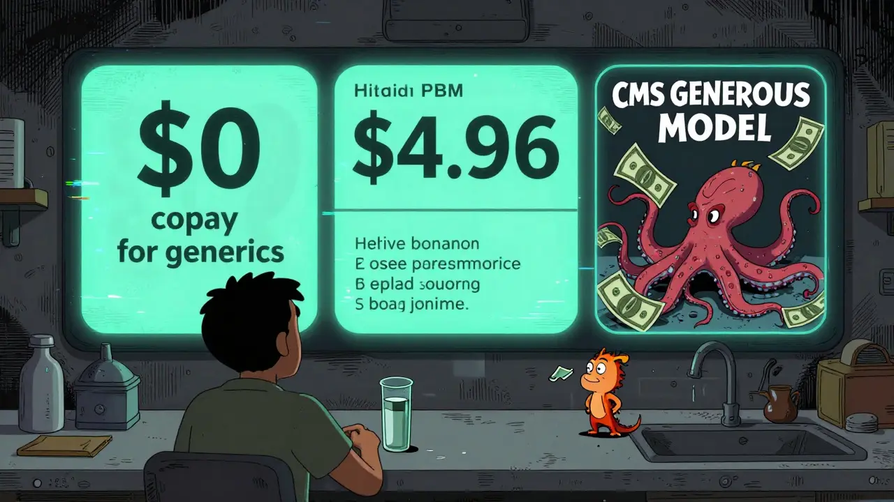 A glowing drug pricing dashboard reveals hidden markups as a tiny dragon fights a money-sucking octopus in a surreal 2025 scene.