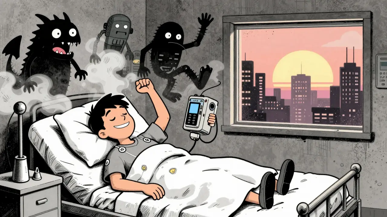 A person waking up energized as sleep disorder monsters vanish, holding a CPAP machine like a trophy.