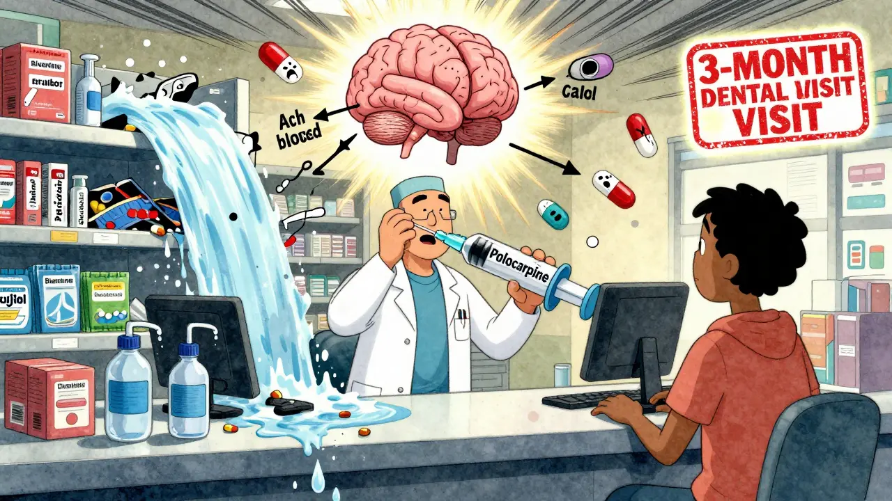 A pharmacist handing a syringe of saliva stimulant while pill shelves collapse into remedies.