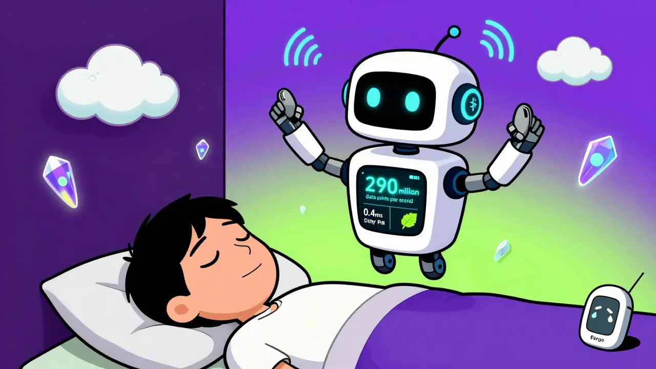 A sentient AI hearing aid robot juggling Bluetooth signals and health sensors above a sleeping person.