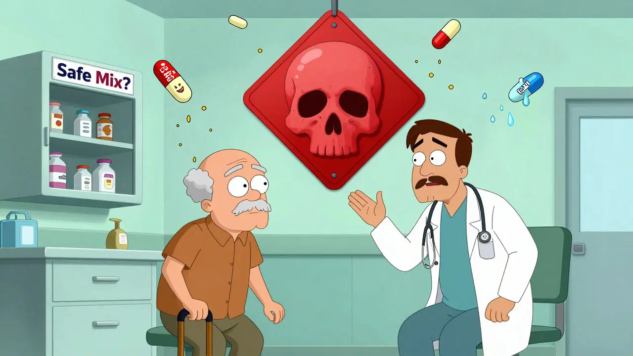 An elderly man in an ER with floating warning pills raining from a medicine cabinet labeled 'Safe Mix?'