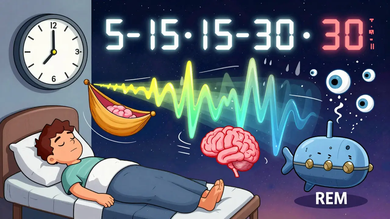 Animated brain waves transitioning through sleep stages with floating AHI numbers and oxygen drops above a sleeper.