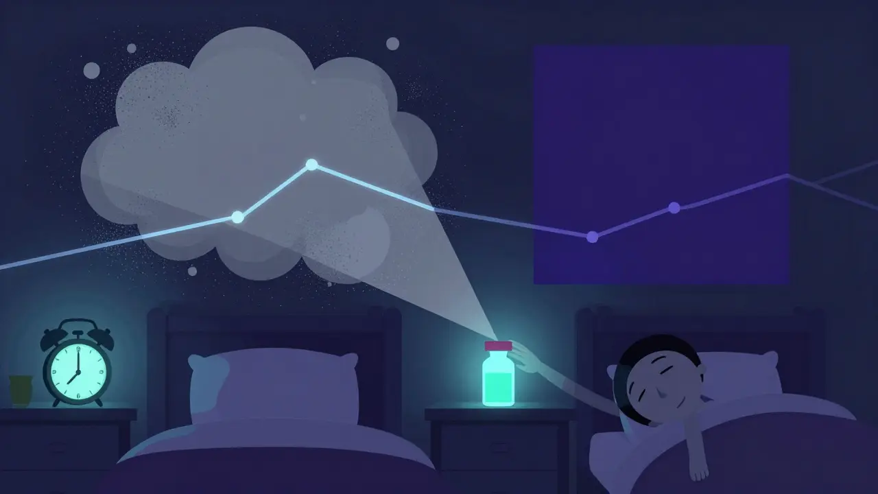 Bedroom with solid sleep block and glowing medicine vial on nightstand