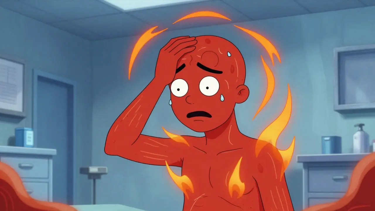 Flushed patient with heat waves and confusion in clinic.