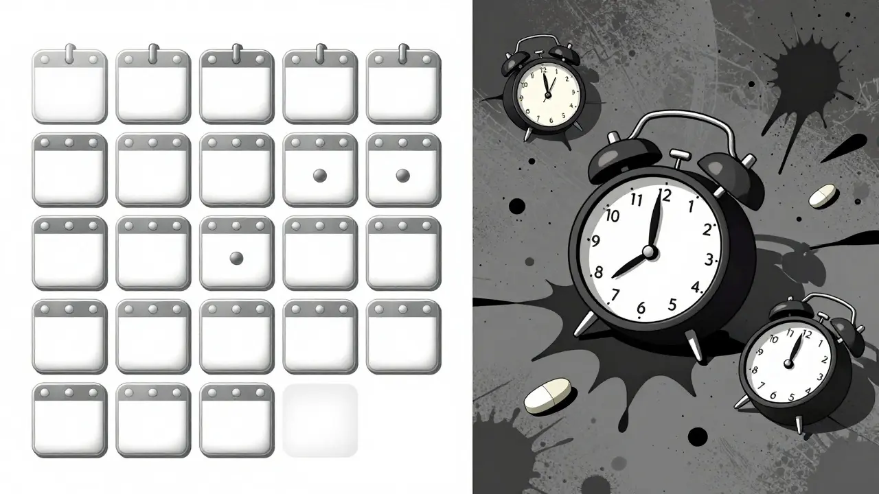 Illustration contrasting orderly calendar with chaotic life elements.