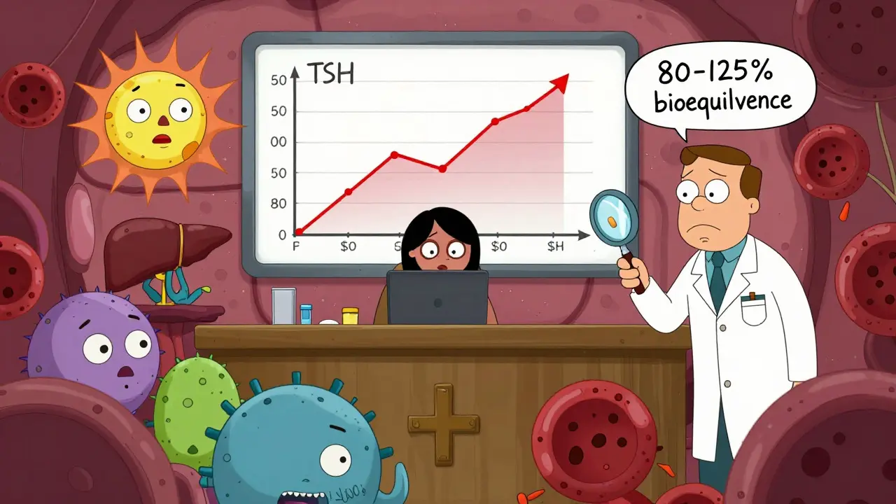 Inside a human body, organelles judge a generic pill for causing health issues, with a TSH graph as evidence and bioequivalence labels floating nearby.