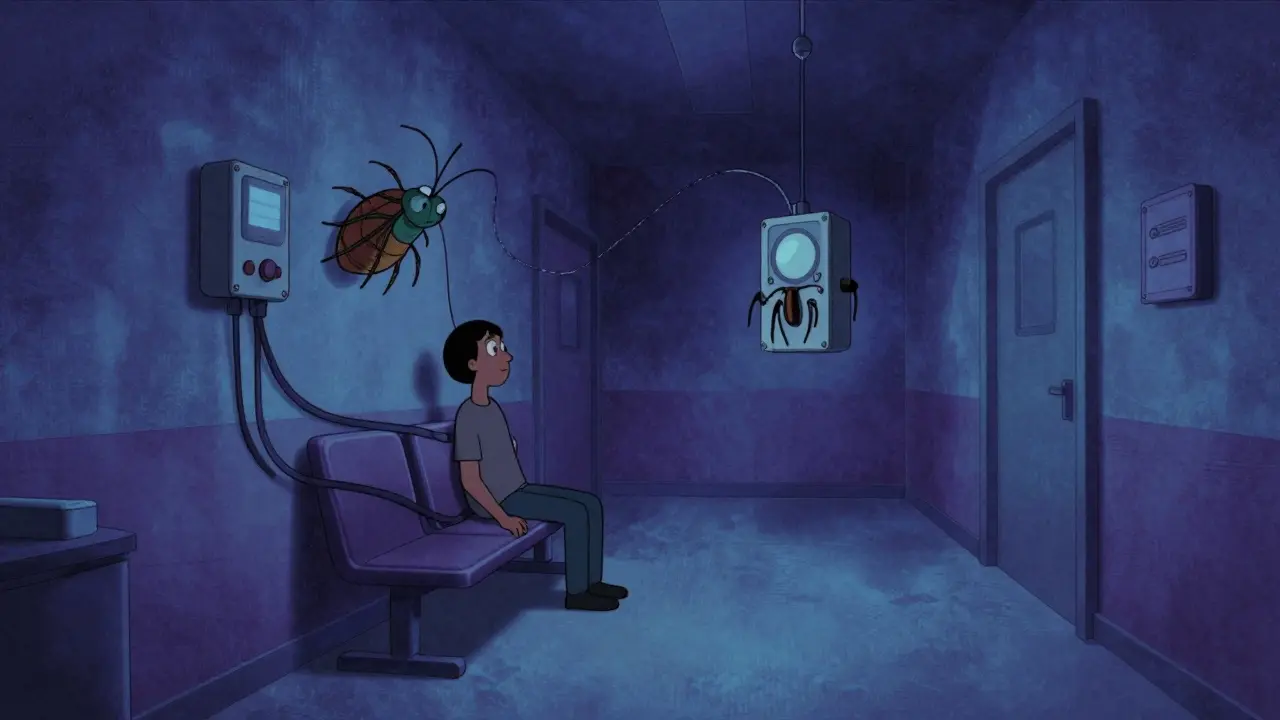 Lone figure in sleep clinic corridor with wire devices and static walls